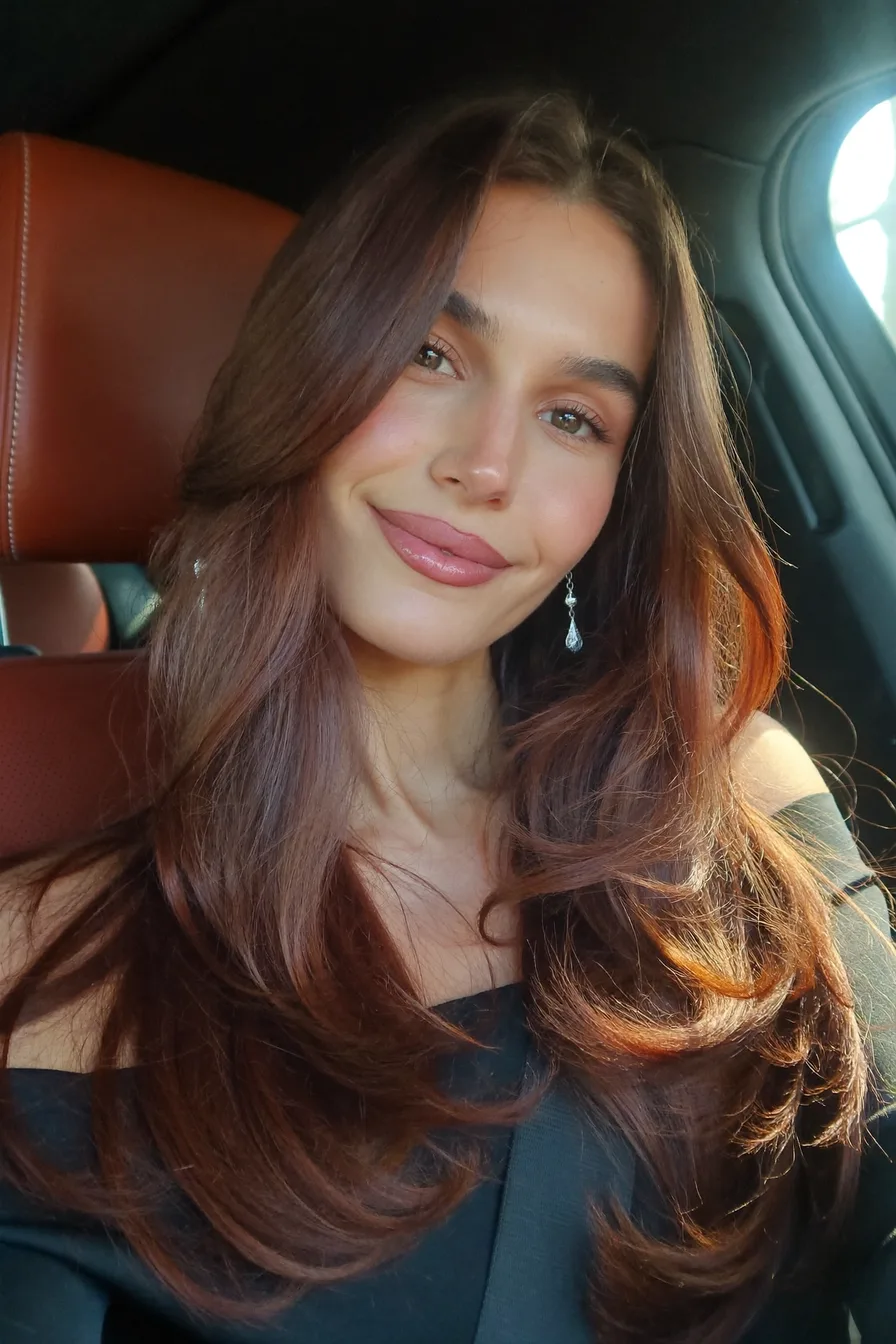 Glossy Chestnut Brown Long Layered Hair with Face-Framing Waves