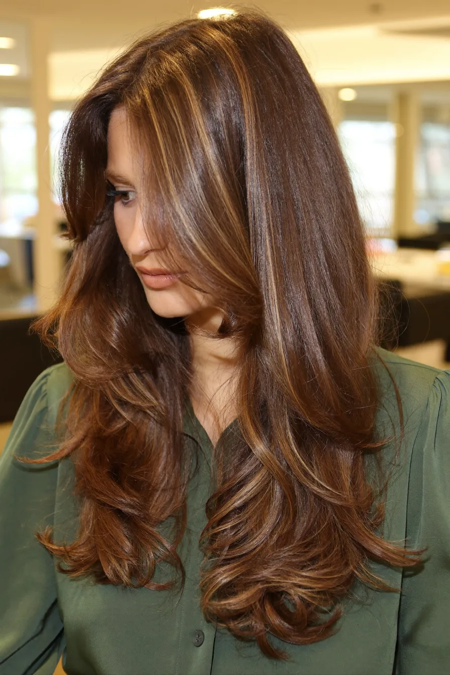 Chestnut Brown Long Layered Haircut with Face-Framing Waves