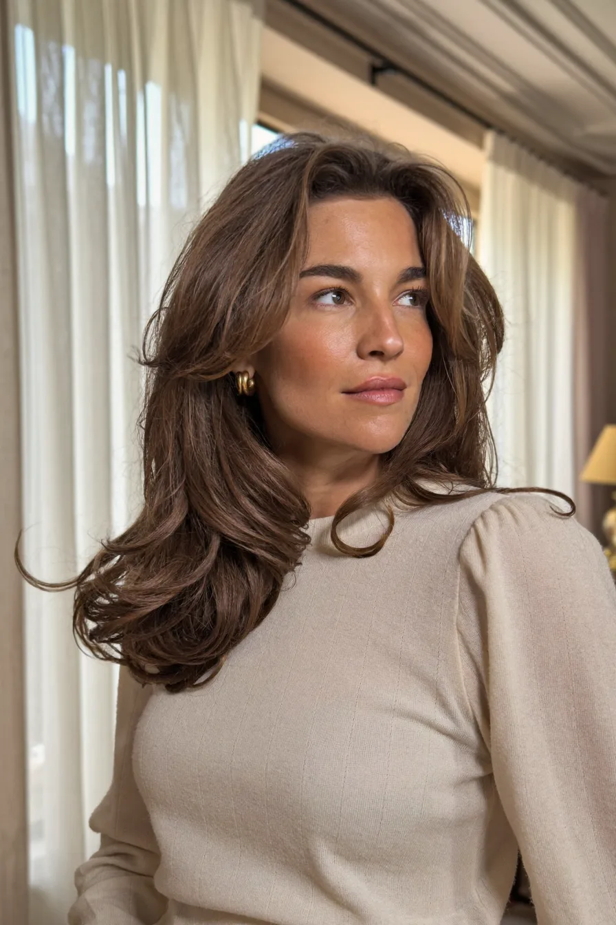 Soft Voluminous Chestnut Brown Long Layered Hair With Face-Framing Movement