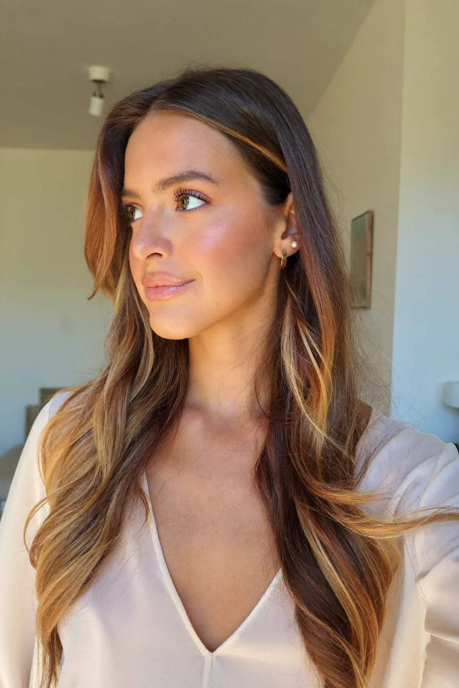 Sun-Kissed Chestnut Brown Long Layered Hair With Face-Framing Highlights