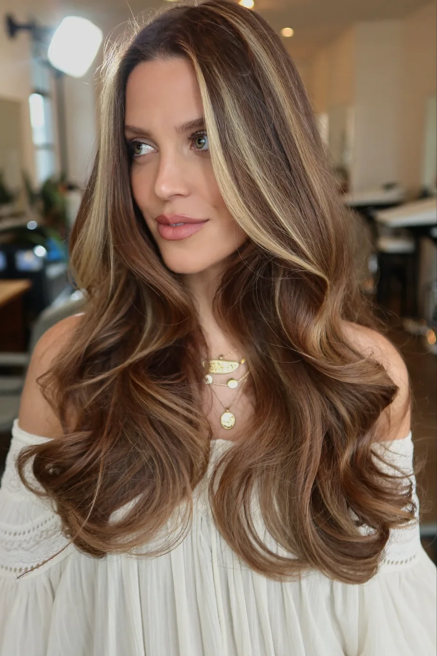 Glossy Chestnut Brown Long Layered Hair with Face-Framing Highlights