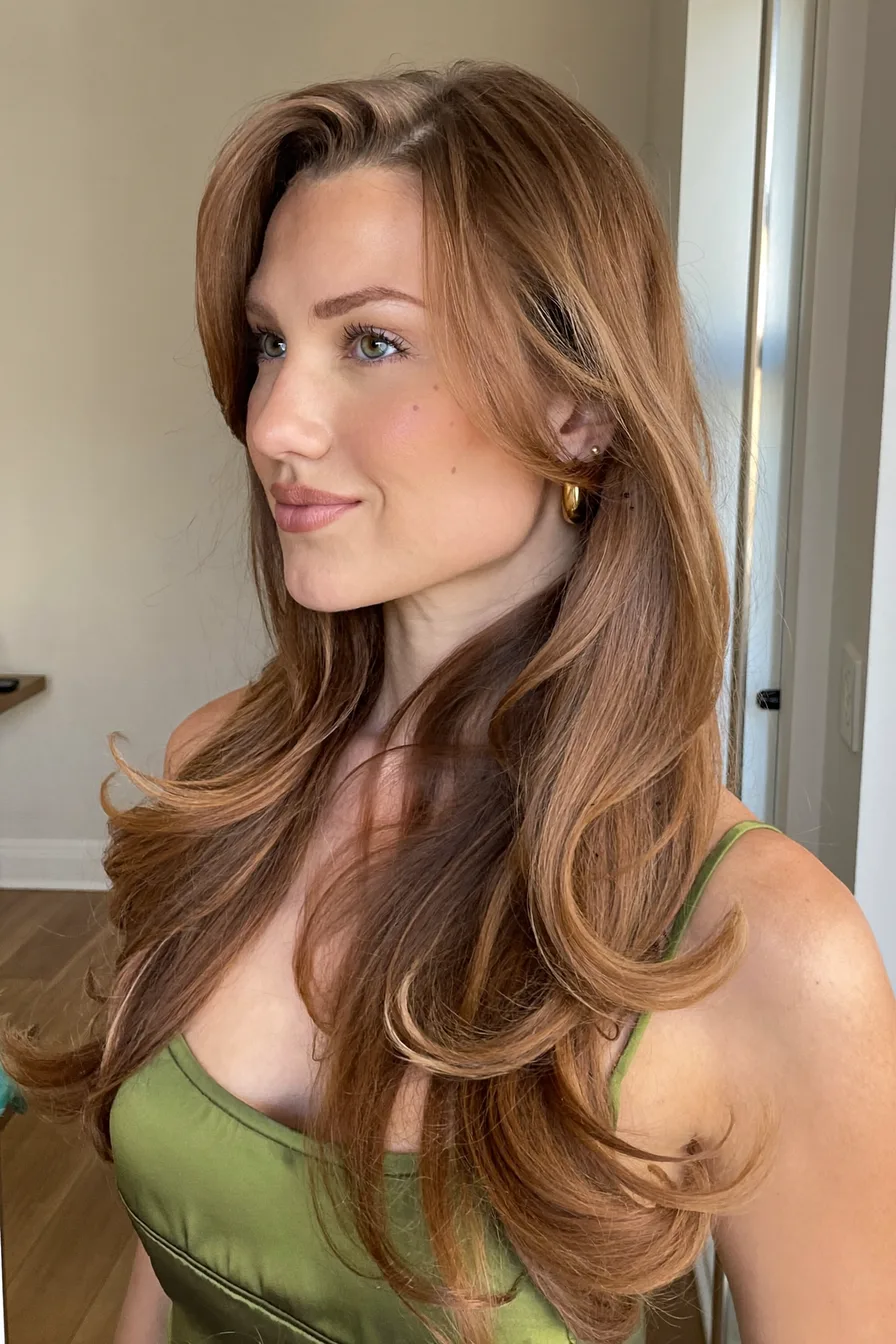 Voluminous Chestnut Brown Long Layered Waves with Soft Face Framing