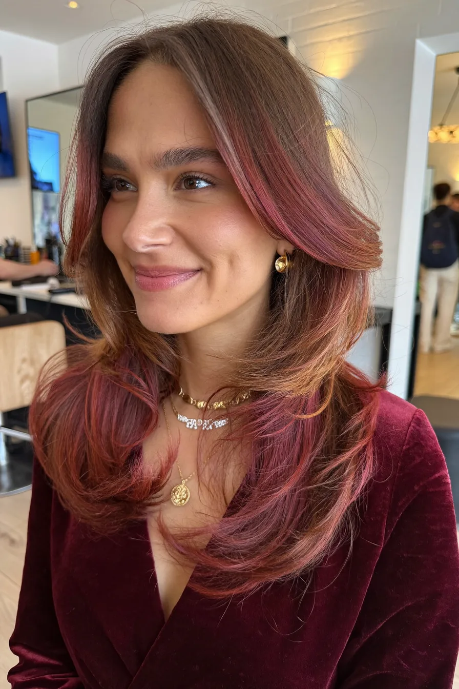 Voluminous Chestnut Brown Long Layered Haircut with Face-Framing Layers