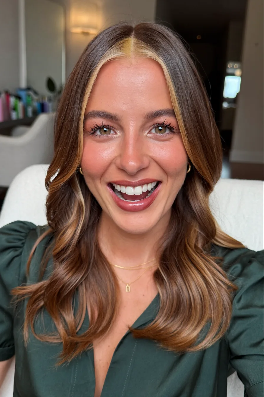 Chestnut Brown Long Layered Hair with Face-Framing Highlights