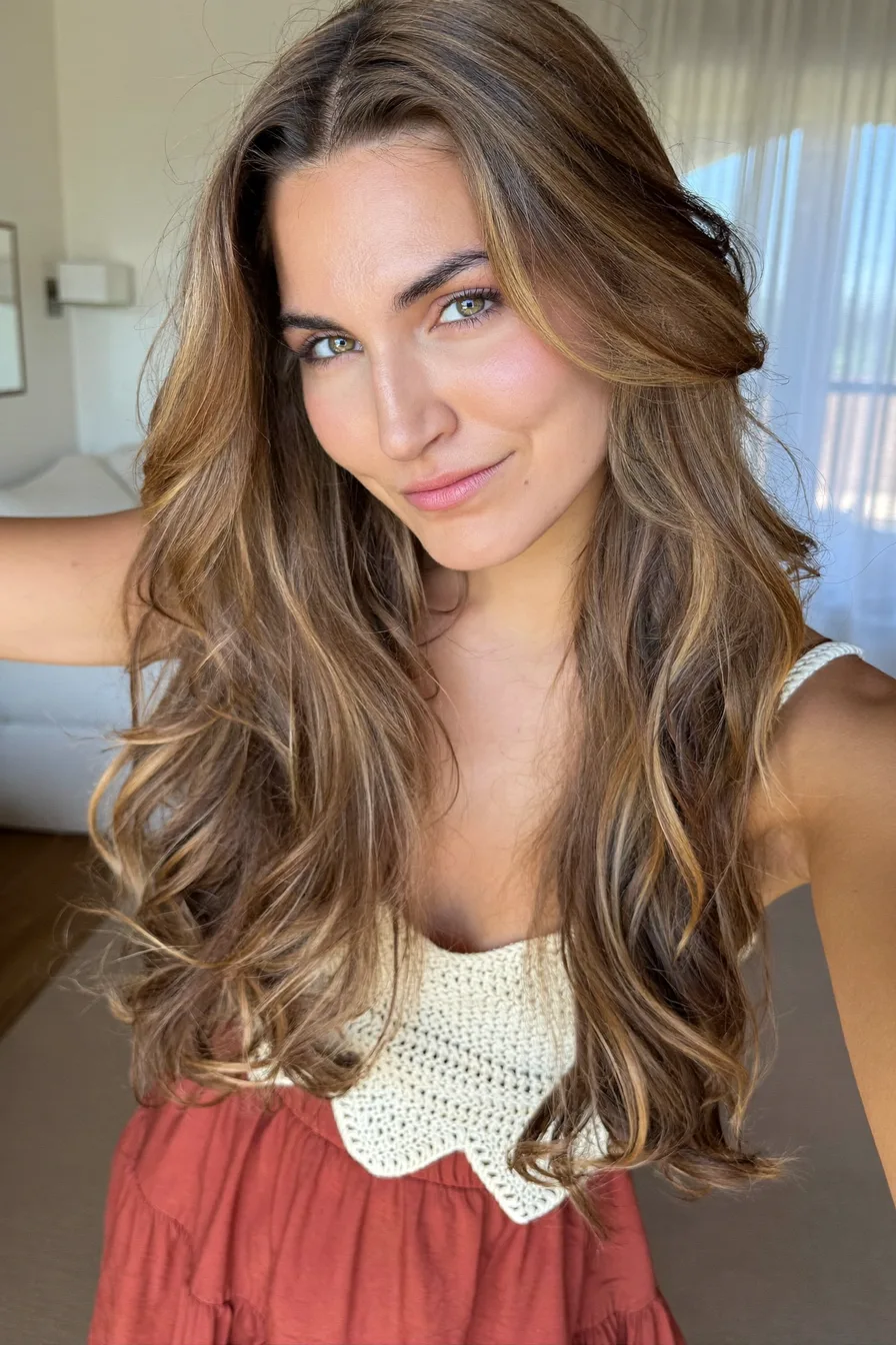 Lustrous Chestnut Brown Long Layered Hair With Face-Framing Waves