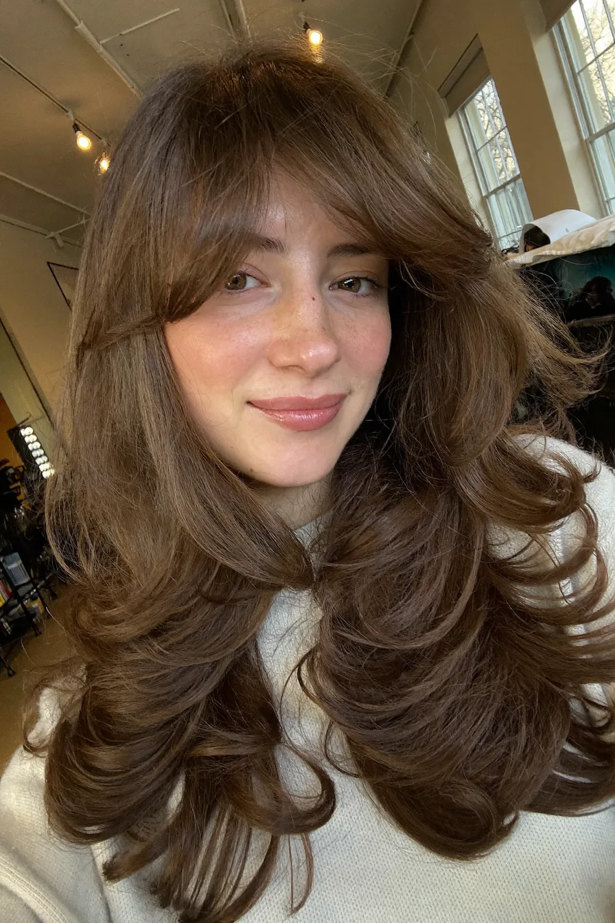 Flowing Chestnut Brown Long Layered Haircut with Feathered Ends
