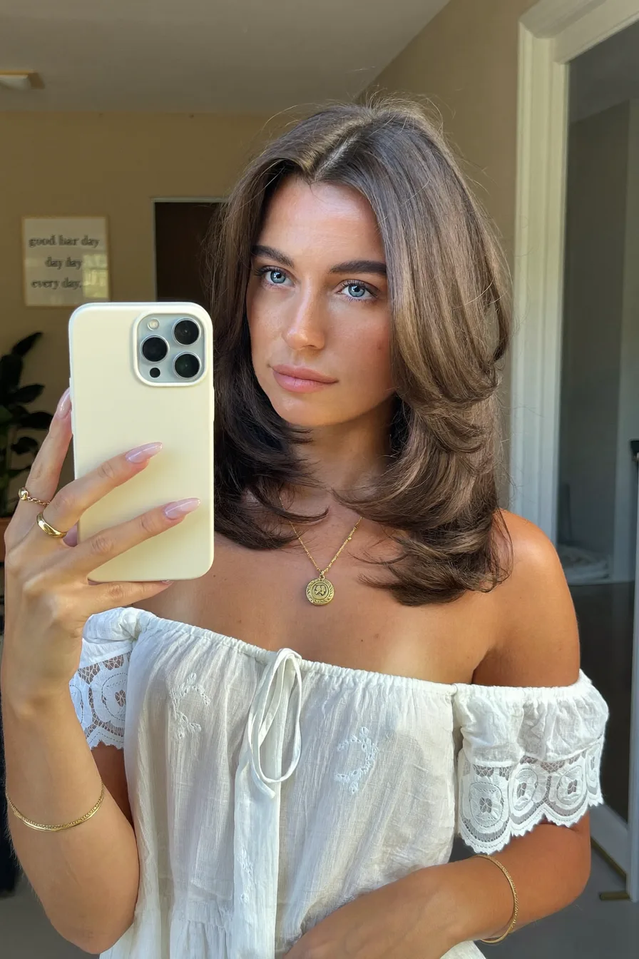 Soft Voluminous Chestnut Brown Long Layered Blowout Hairstyle