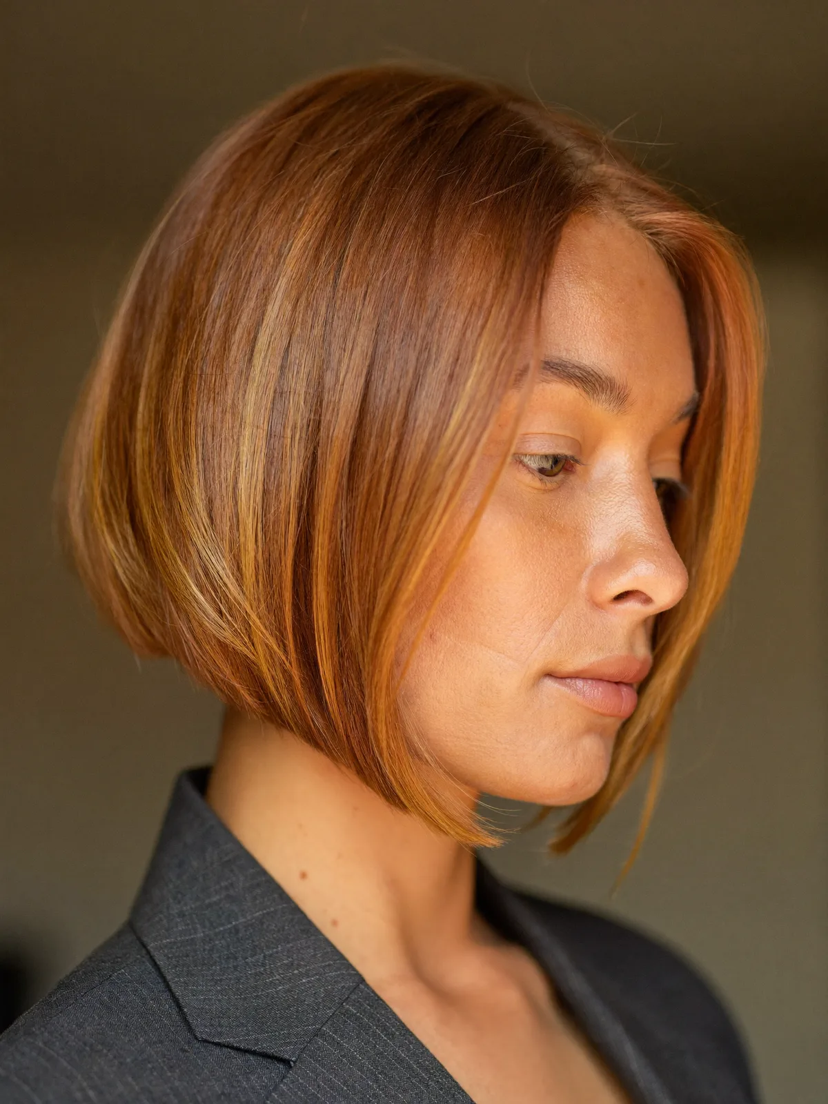 Inverted Bob with Soft Layers and Warm Copper Highlights