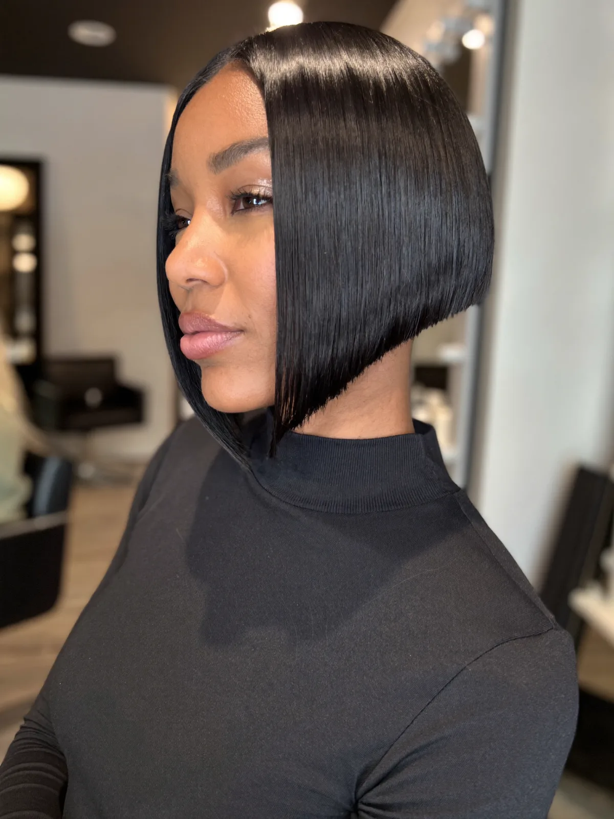 Sleek Inverted Bob with Sharp Angled A-Line and Glossy Finish
