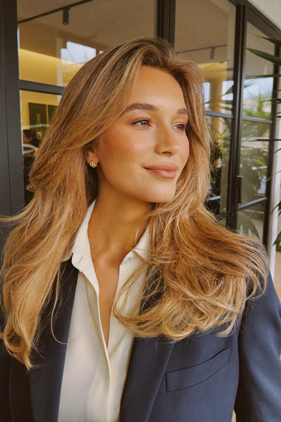 Radiant Golden Blonde Long Layered Hair with Soft Volume