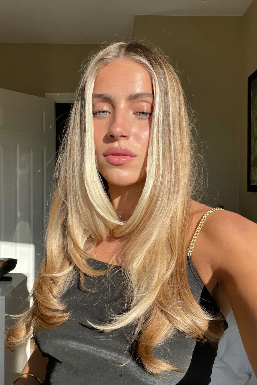Shiny Golden Blonde Long Layered Hair with Face-Framing Layers