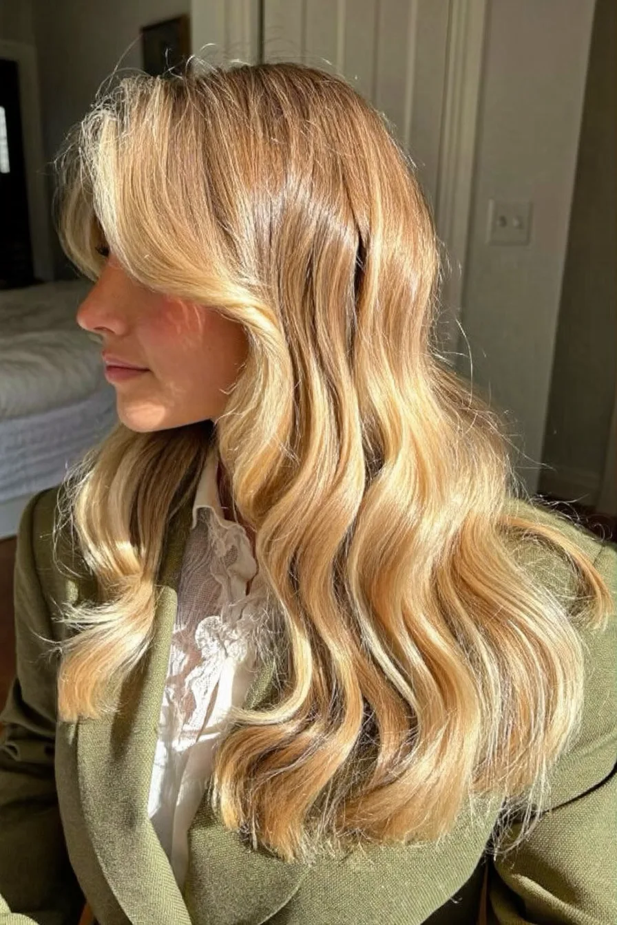 Soft Romantic Waves on Golden Blonde Long Layered Hair