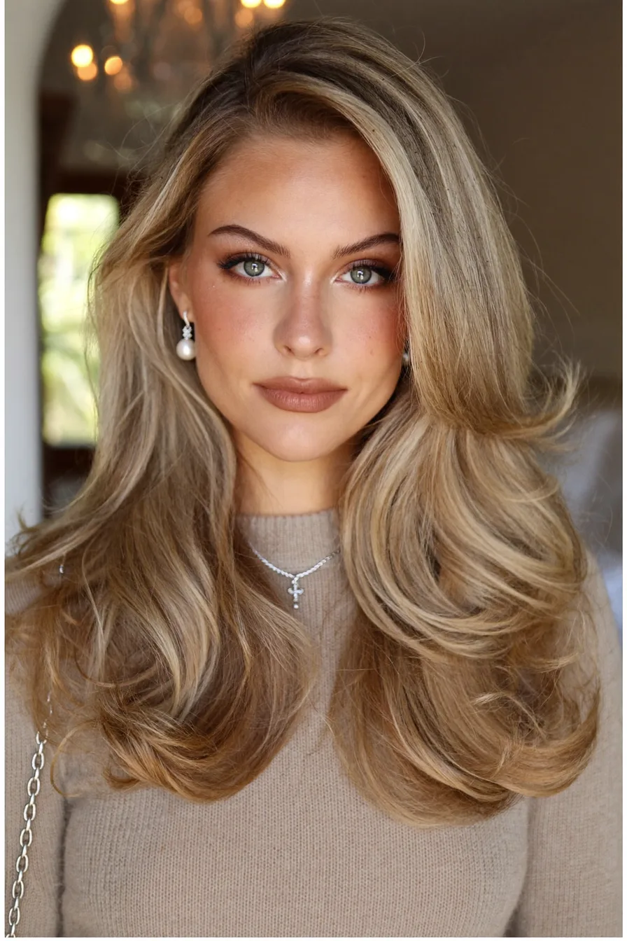 Classic Voluminous Golden Blonde Long Layered Hair With Face-Framing