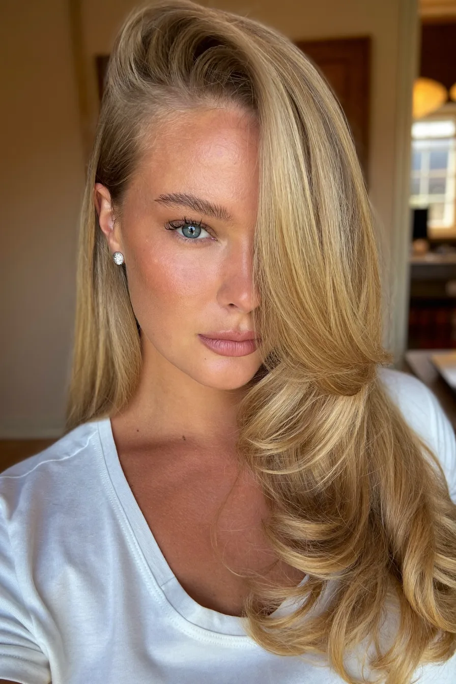 Sleek Golden Blonde Long Layered Cut With Face-Framing Volume
