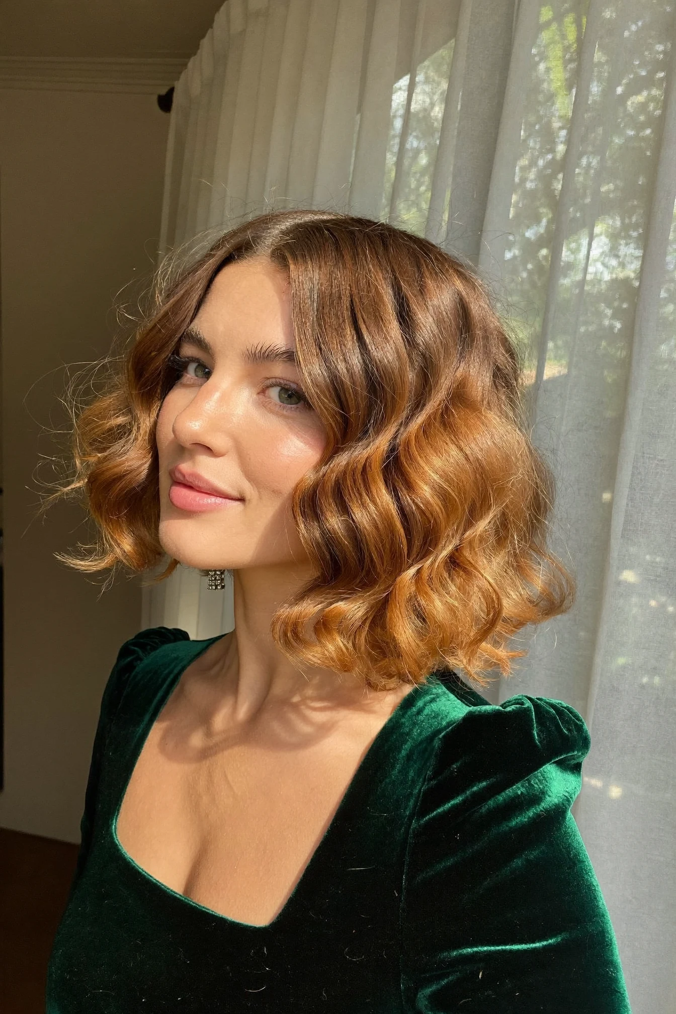 Jaw-Length Lob in All-Over Caramel with Tight S-Wave Texture