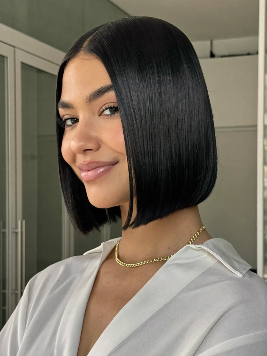 Sleek Center-Part Jet Black Chin-Length Blunt Bob
