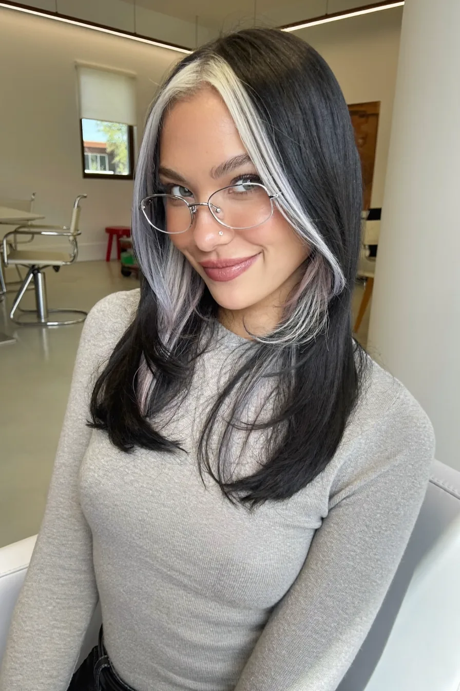 Medium-Length Jet Black Hair with Platinum Money-Piece Layers