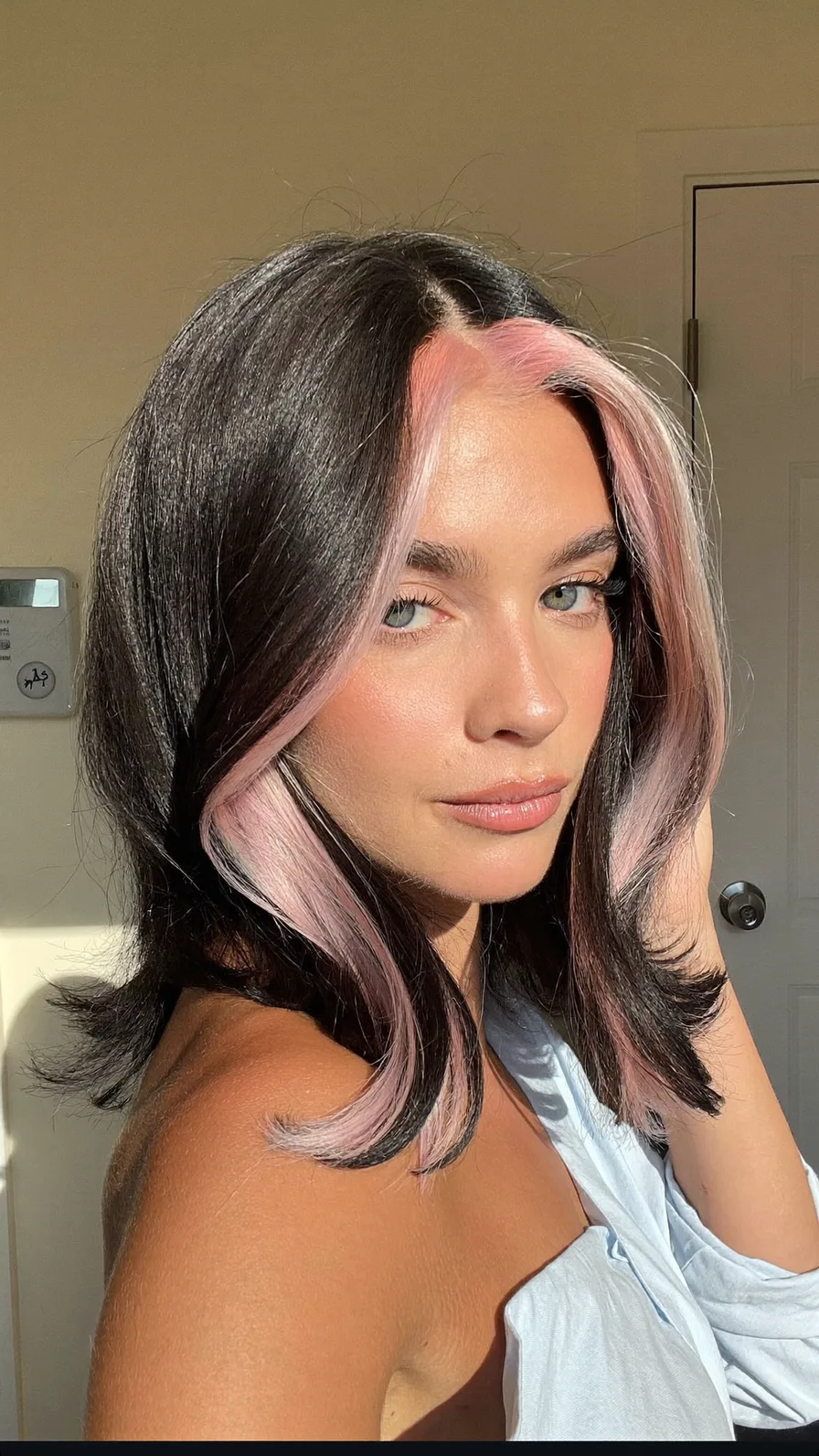 Modern Shoulder-Length Black Hair with Pink Money Pieces