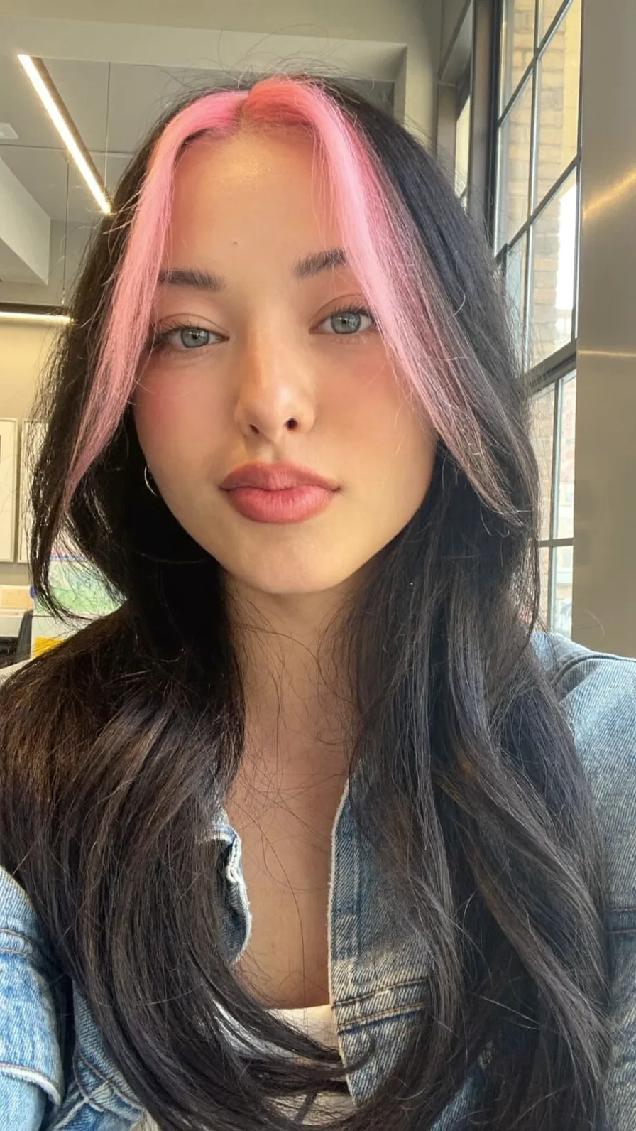 Long Layered Black Hair with Pastel Pink Money Piece Highlights