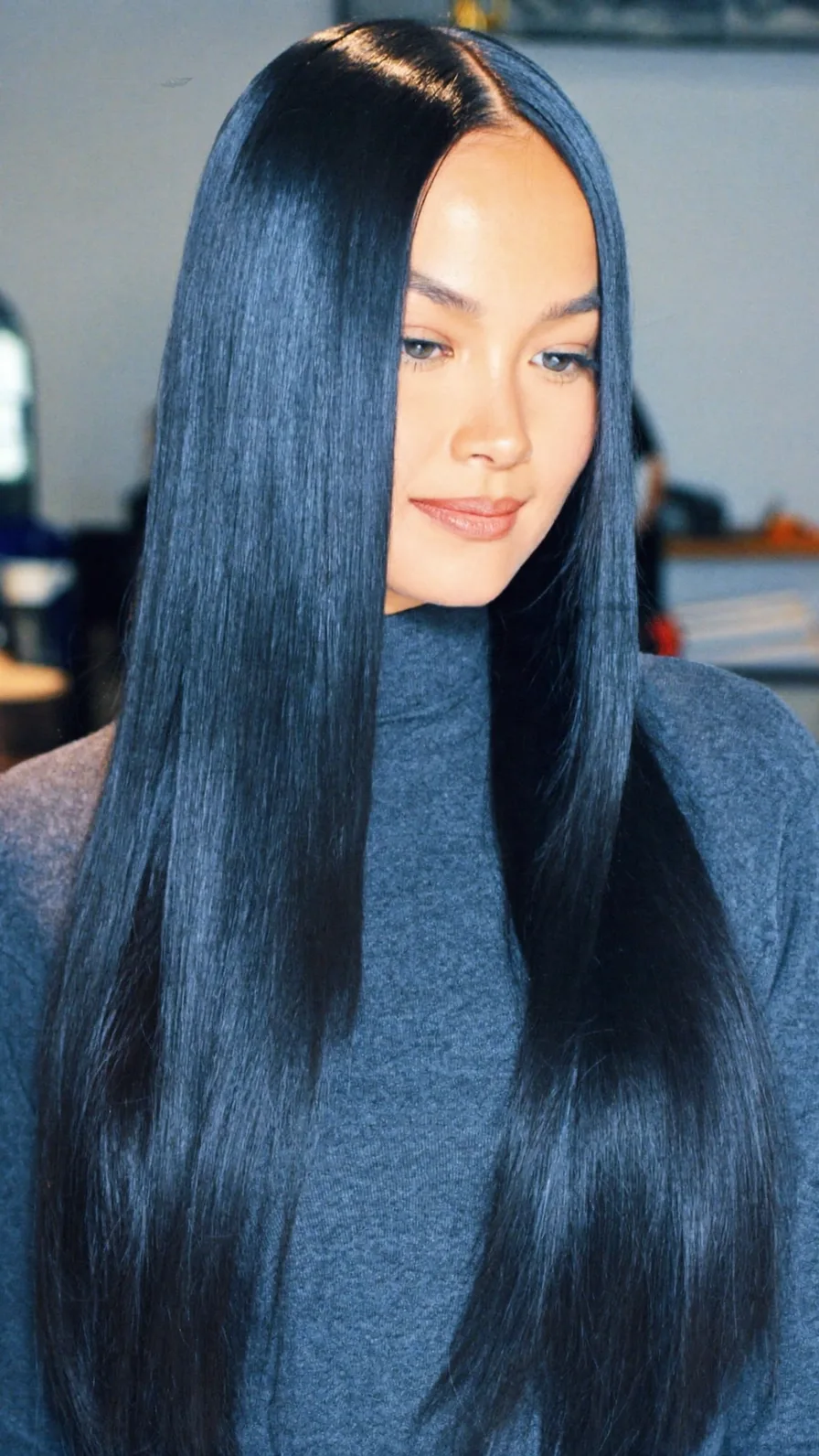 Sleek Jet Black Long Layers with Precise Blunt Ends