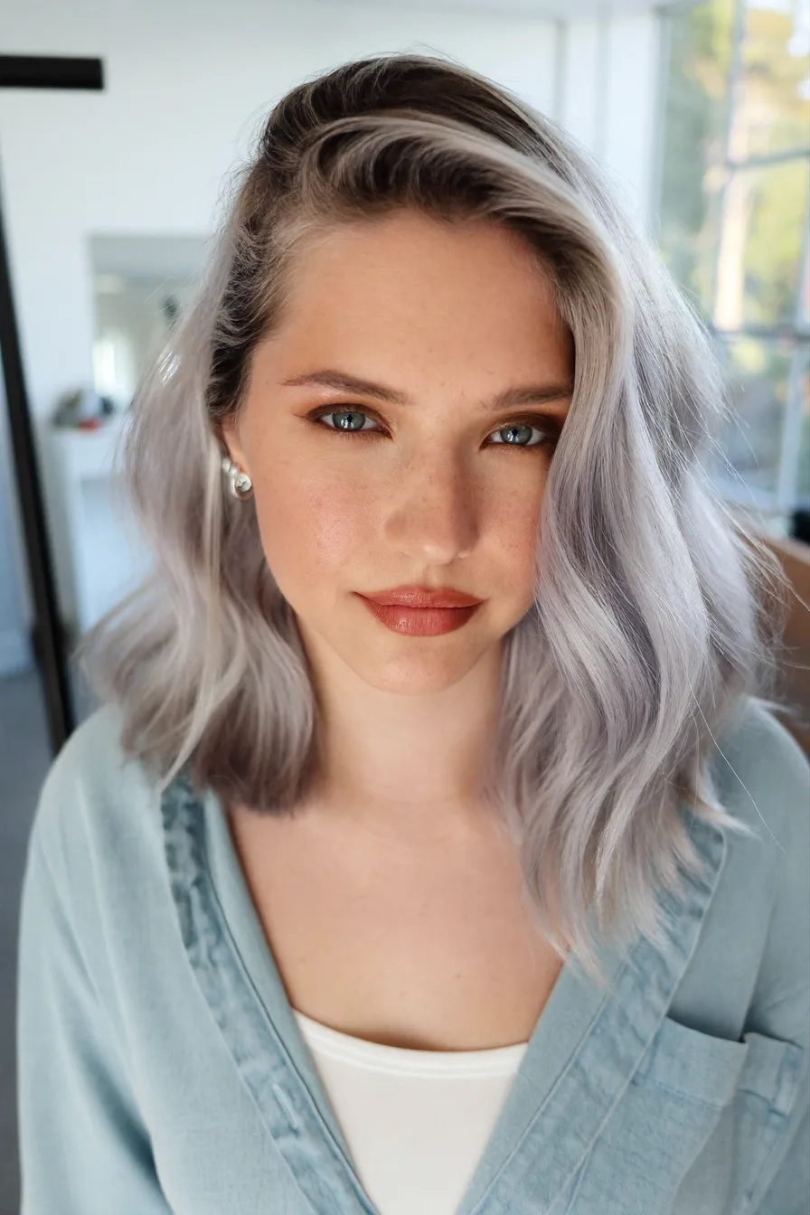 Cool Platinum Silver Shoulder-Length Hair with Flowing Layers