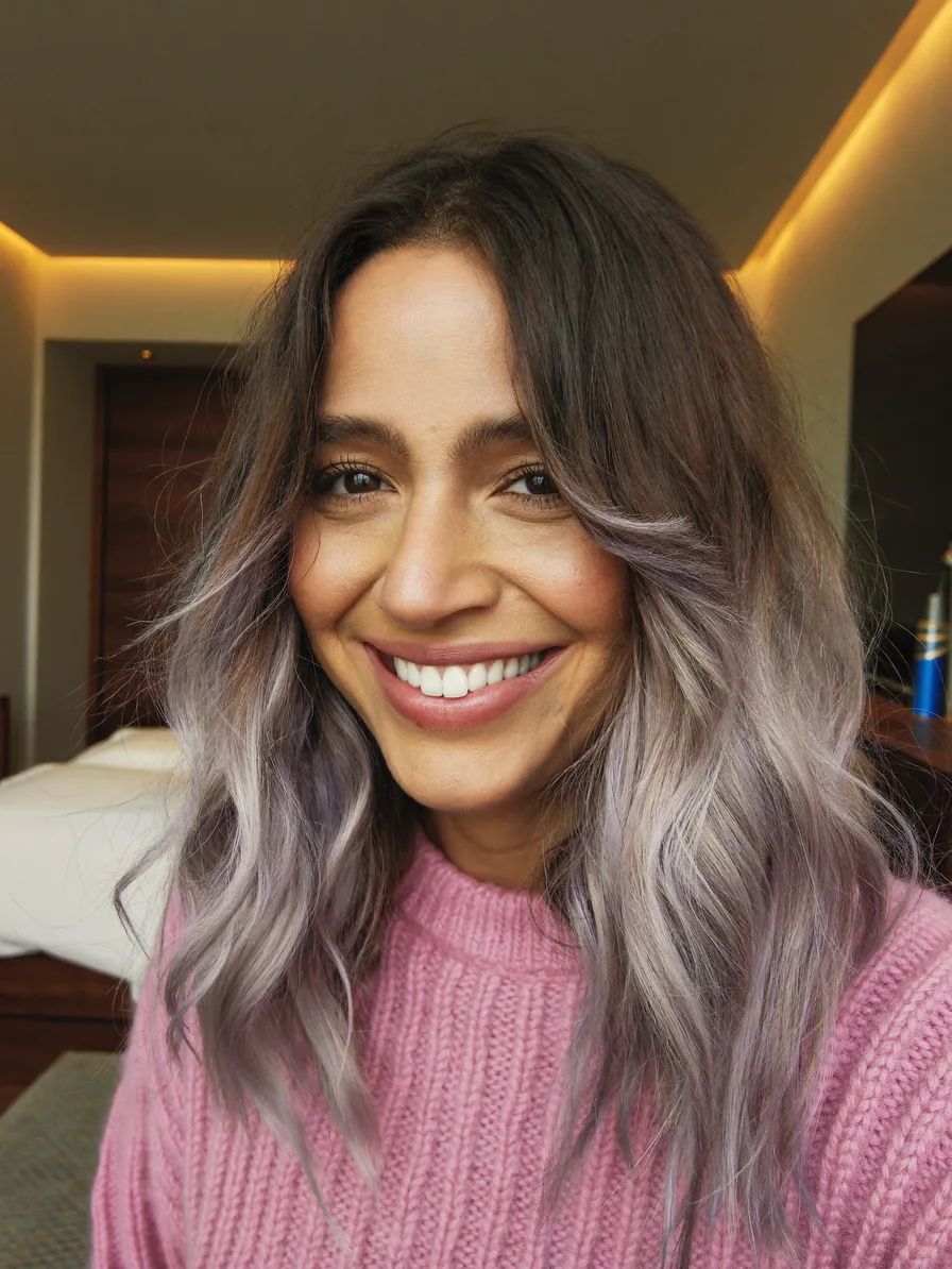 Long Layered Wavy Hair with Lavender Ombre and Curtain Bangs