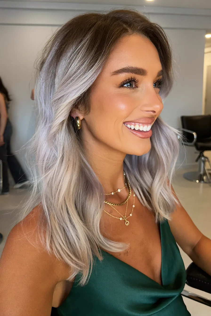 Modern Multi-Dimensional Silver Lavender Long Layered Waves