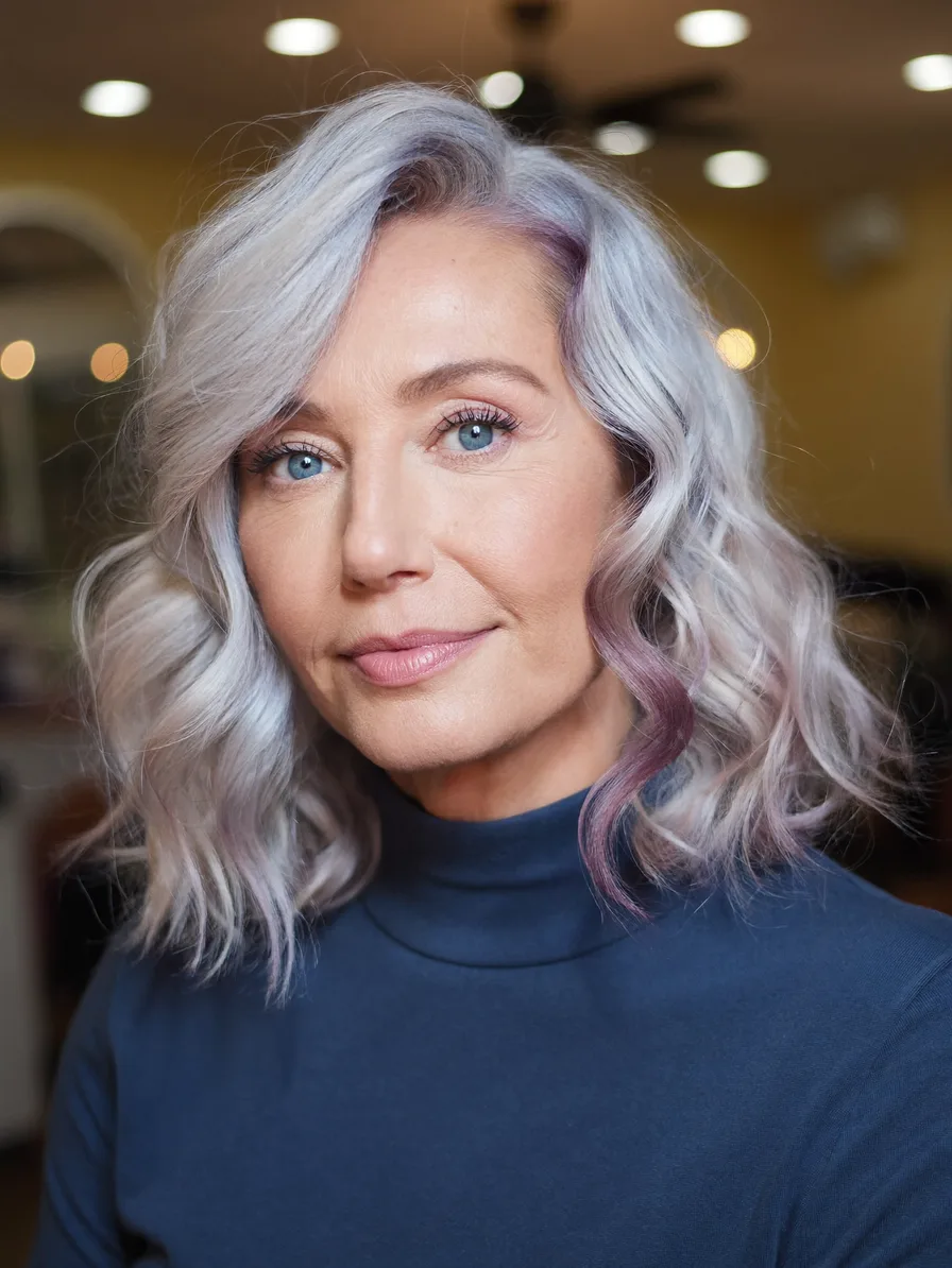 Soft Layered Shoulder-Length Silver Gray Hairstyle with Lavender Highlights