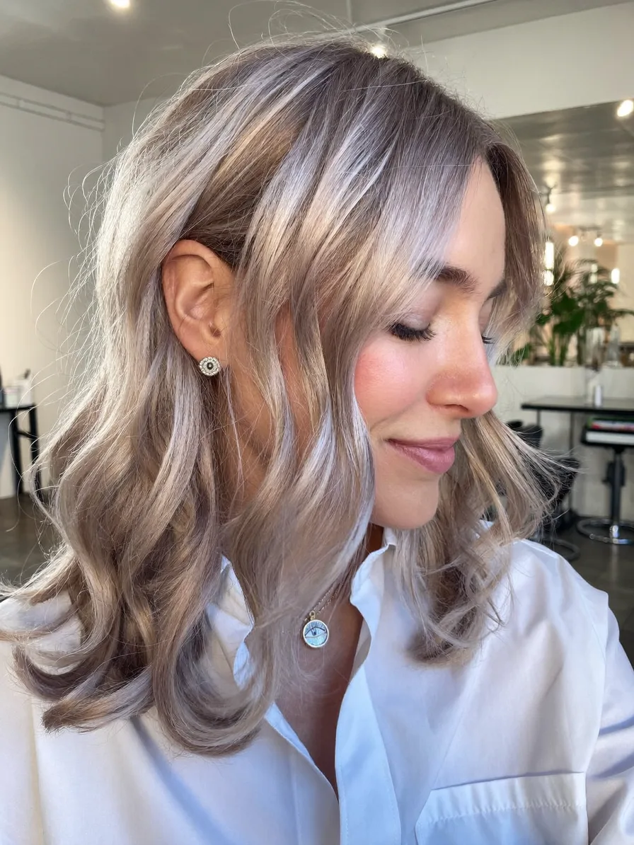 Medium-Length Cool Ash Blonde Waves with Curtain Bangs