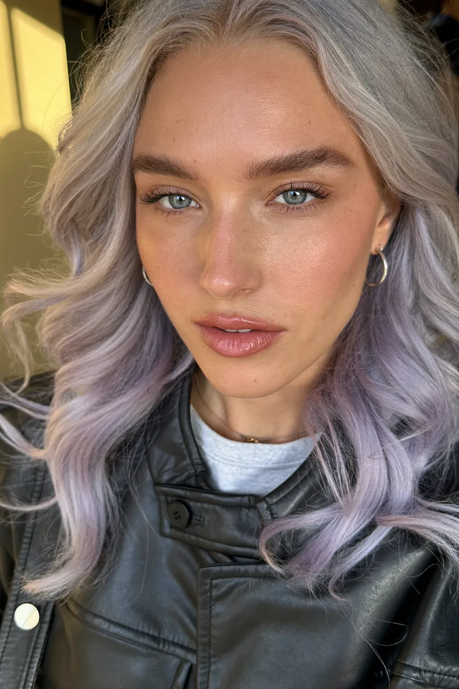 Icy Lavender Silver Long Layered Medium Wavy Hairstyle