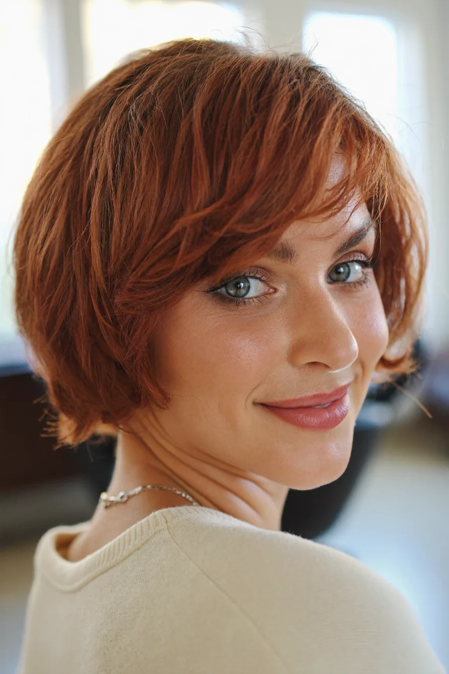 Textured Layered Bob with Soft Feathered Bangs for Modern Women