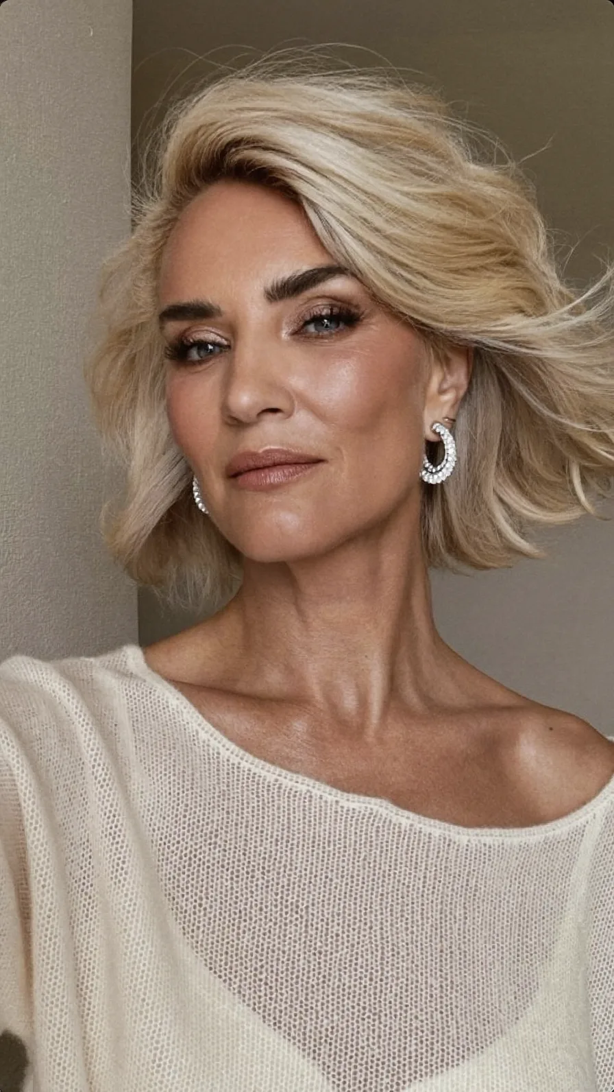 Voluminous Platinum Blonde Textured Chin-Length Bob Hairstyle