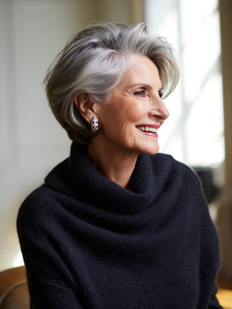 Elegant Silver Layered Bob with Side-Swept Soft Waves