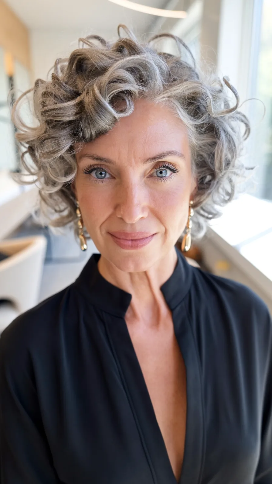 Voluminous Curly Salt and Pepper Bob with Rounded Ends