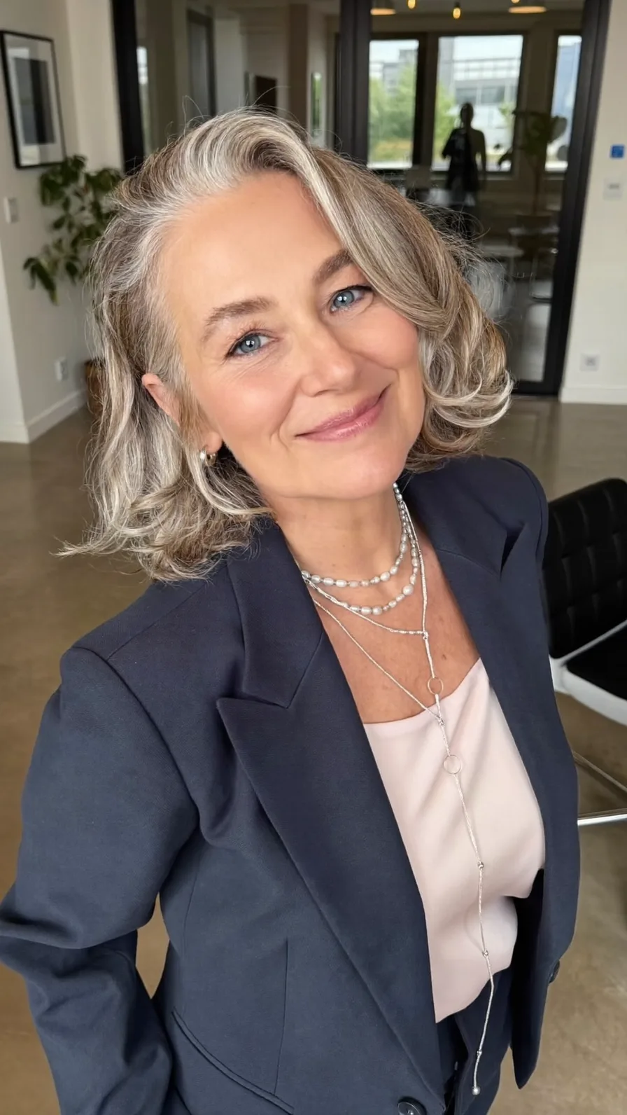 Elegant Soft Layered Chin-Length Wavy Silver Gray Bob