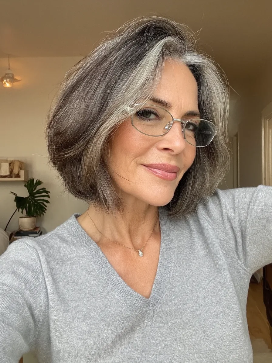 Elegant Chin-Length Salt and Pepper Bob with Side-Swept Bangs