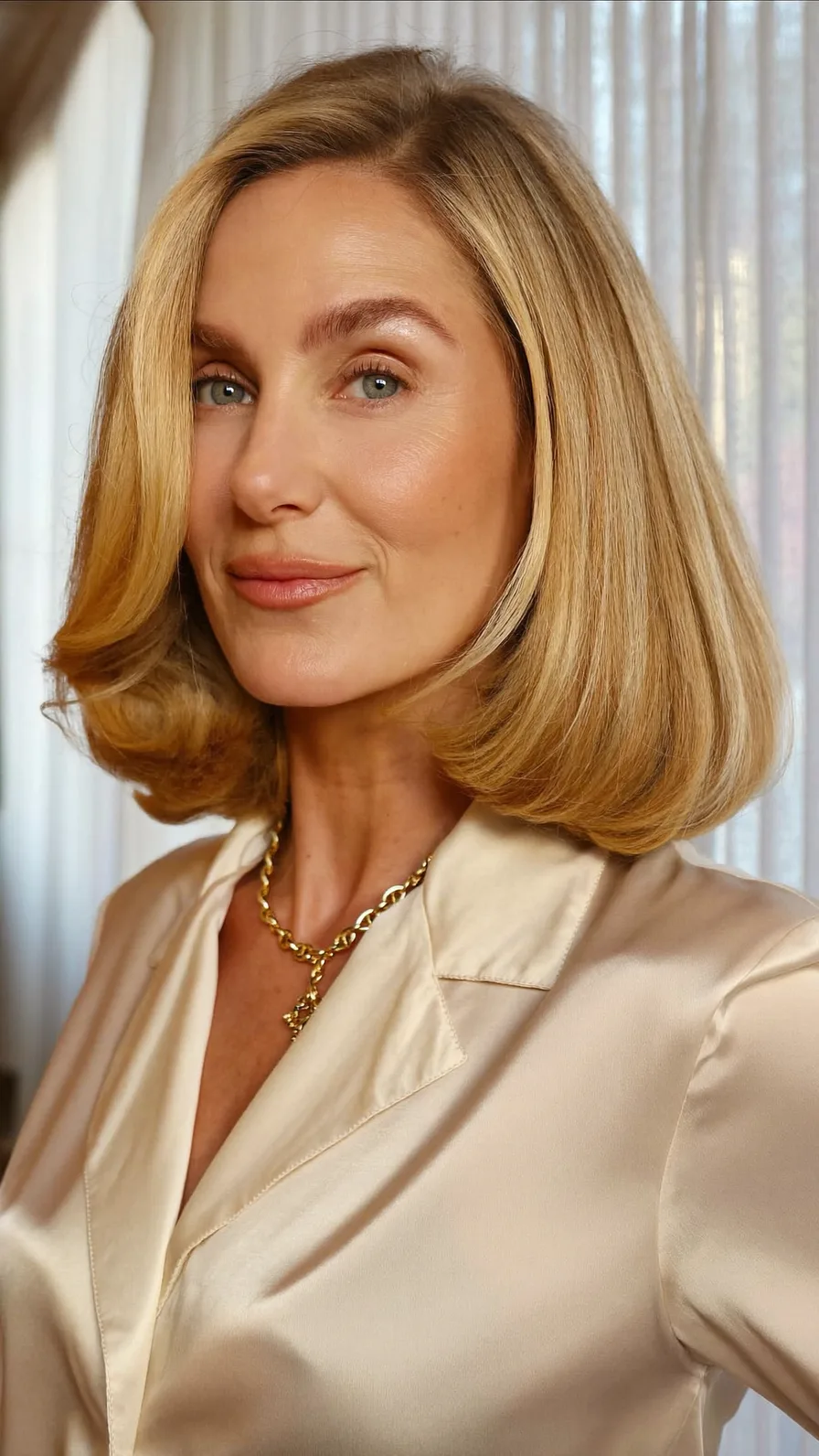 Warm Honey Blonde Shoulder-Length Rounded Bob with Layers