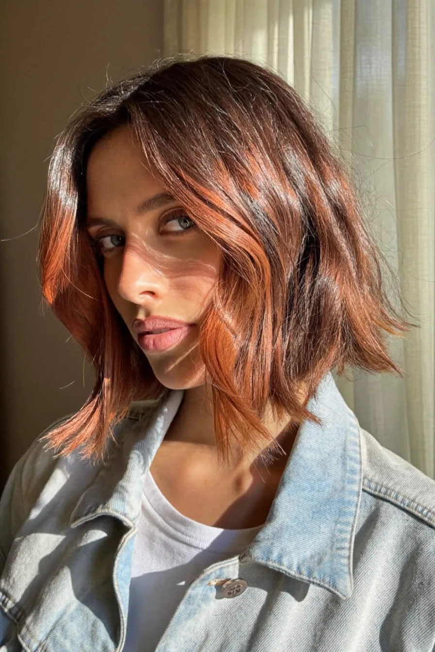 Choppy Chin-Length Bob with Warm Copper Tones and Curtain Bangs