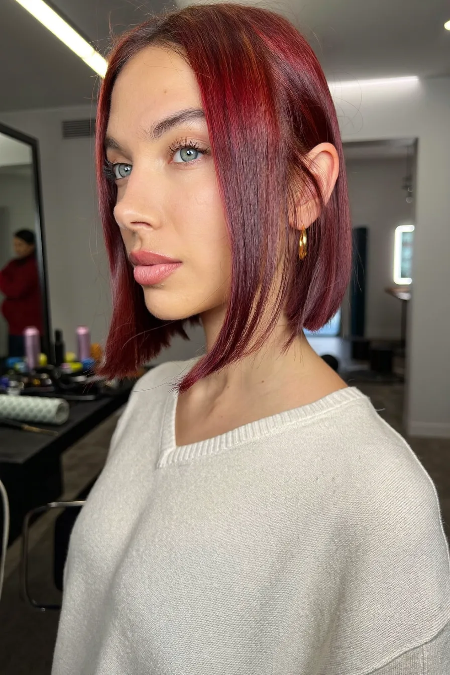 Sleek Blunt Chin-Length Bob with Center Part Vibrant Red