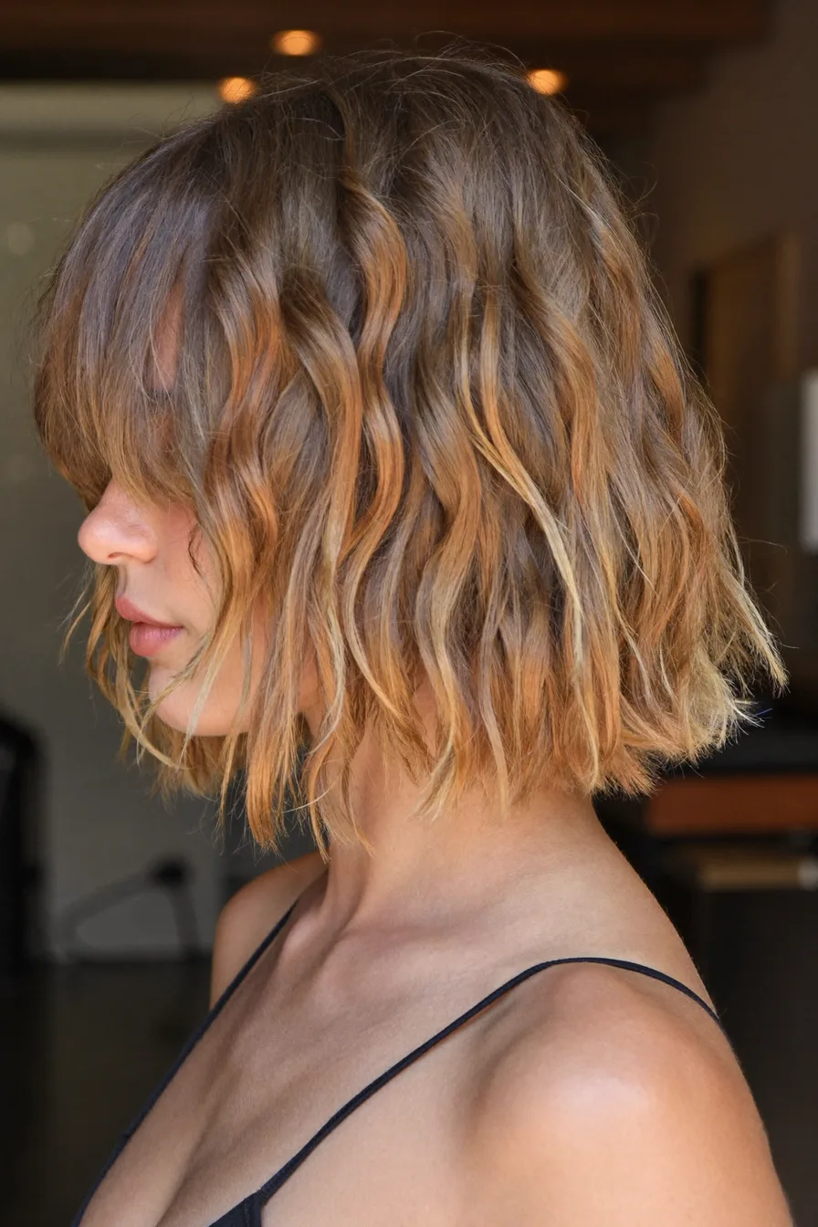 Modern Textured Choppy Bob with Warm Caramel Balayage Highlights