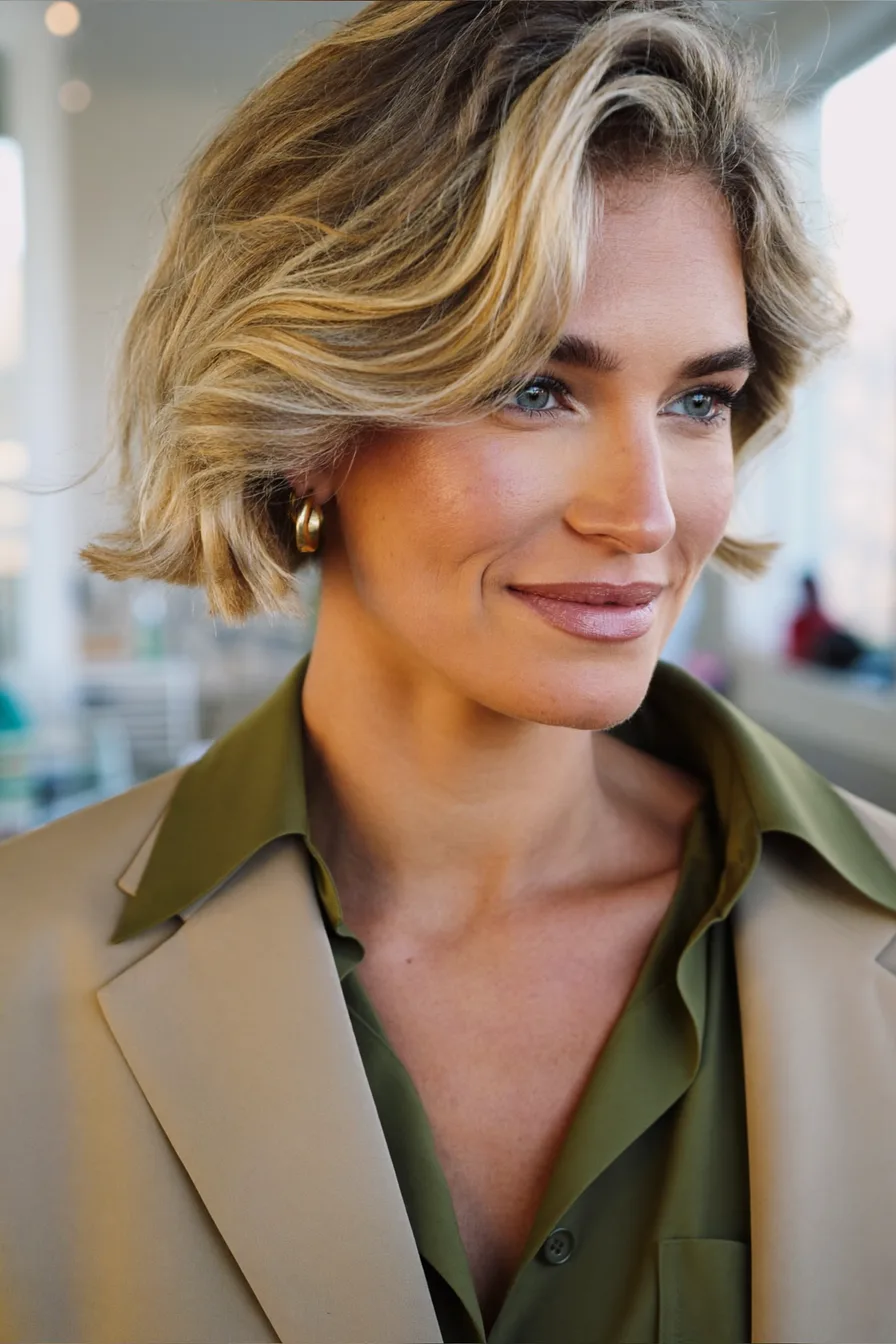 Chic Layered Bob with Voluminous Side-Swept Bangs for Modern Softness