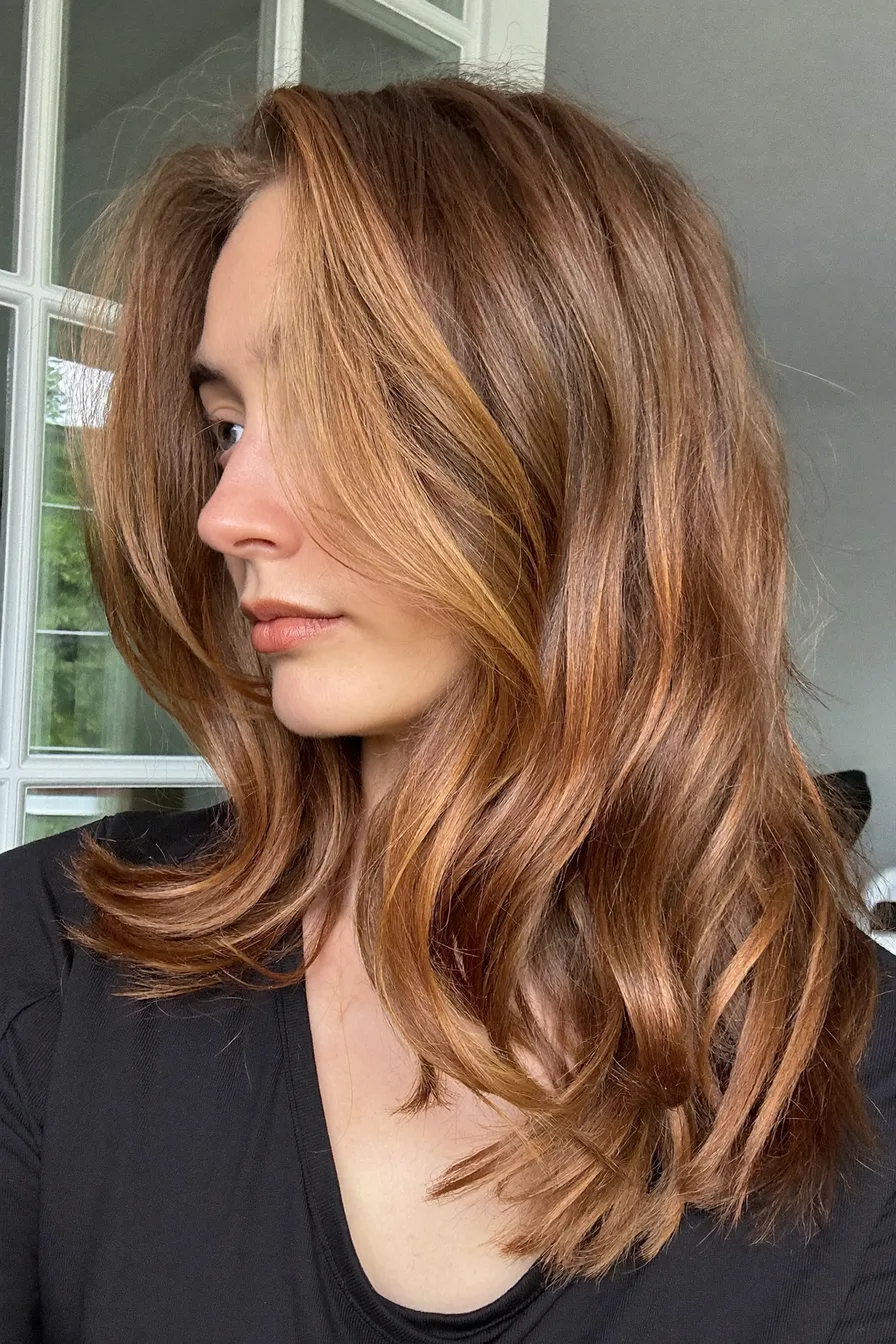 Medium Length Warm Caramel Brown Wavy Hair with Layers