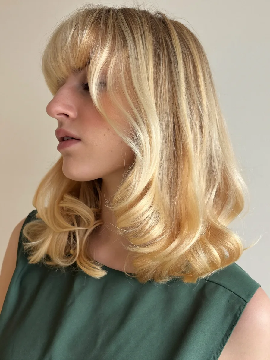 Glossy Shoulder-Length Blonde with Blunt Bangs and Layers