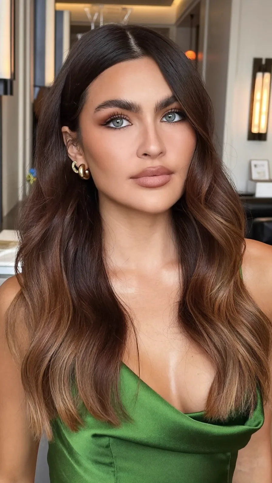 Soft Wavy Chocolate Brown Balayage with Long Layers