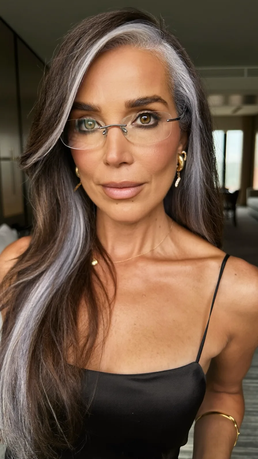 Elegant Long Layered Salt and Pepper Hair with Natural Flow
