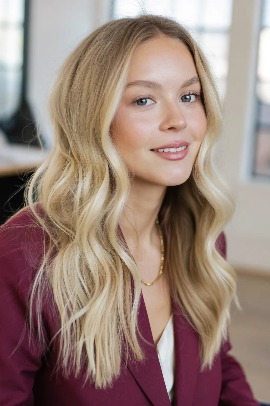 Soft Long Layered Blonde Waves with Center Parting