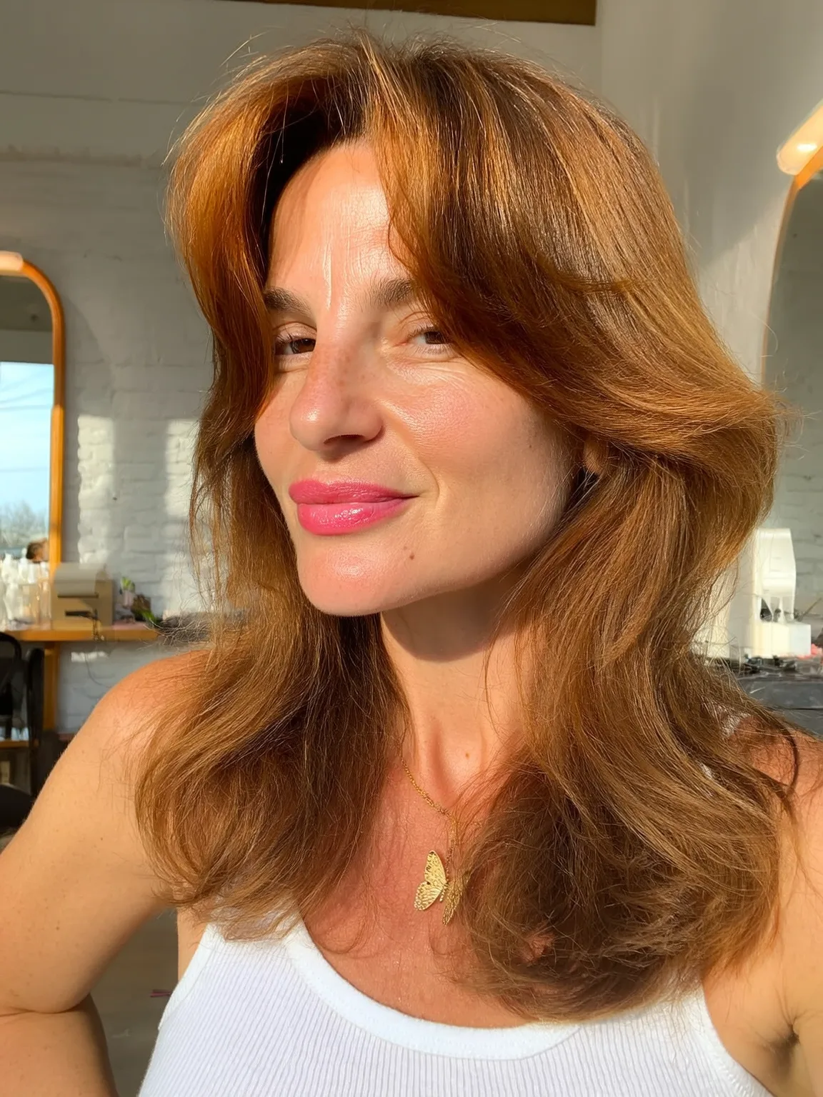 Long Copper Brown Wavy Layers with Long Bangs