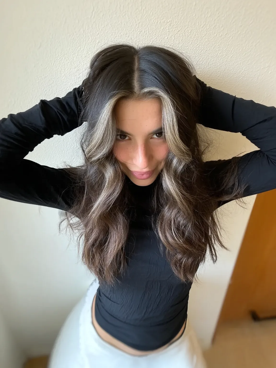 Long Dark Brown Wavy Layers with Ash Blonde Money Piece