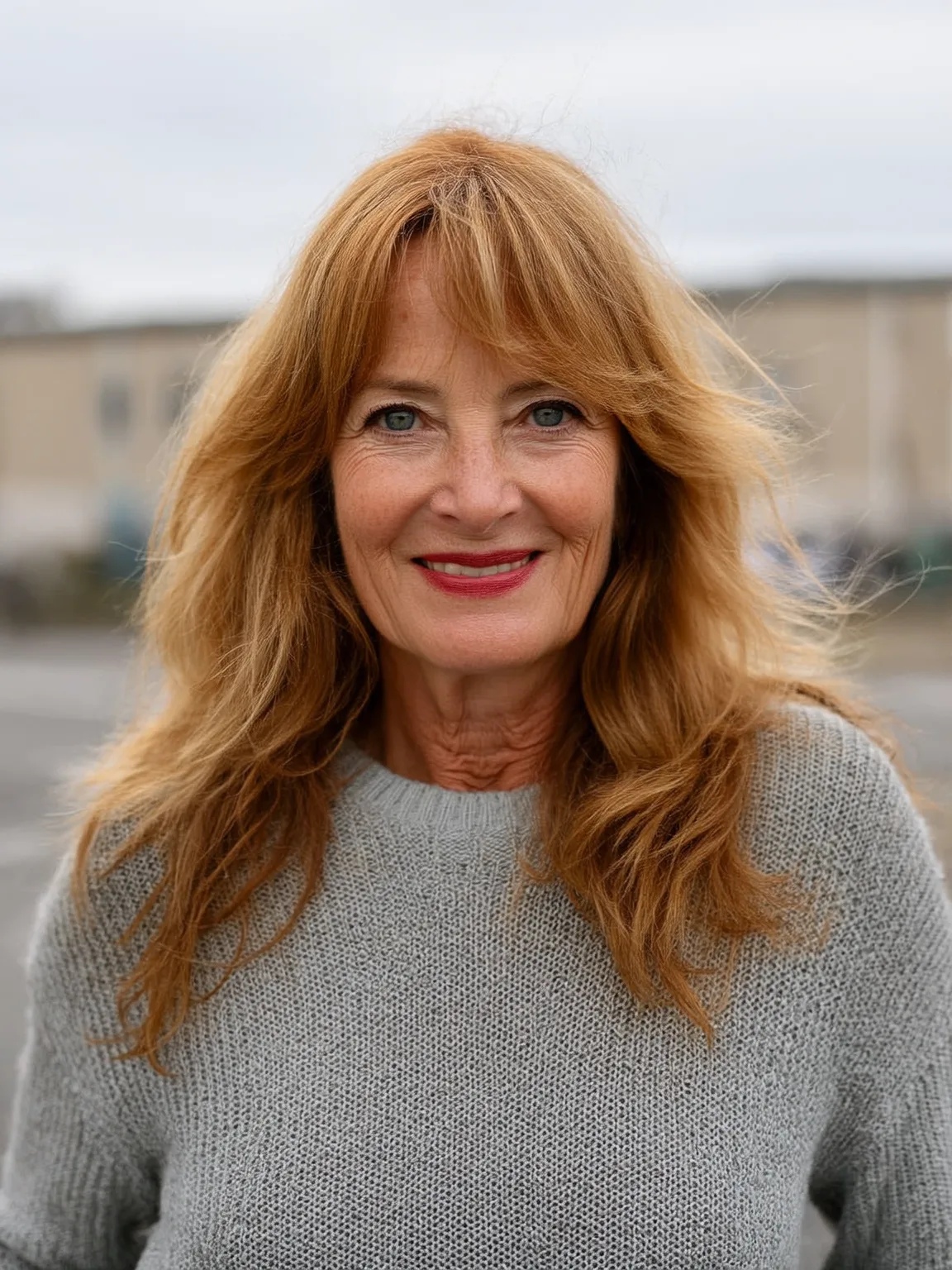 Long Wavy Copper Brown Layers with Curtain Bangs