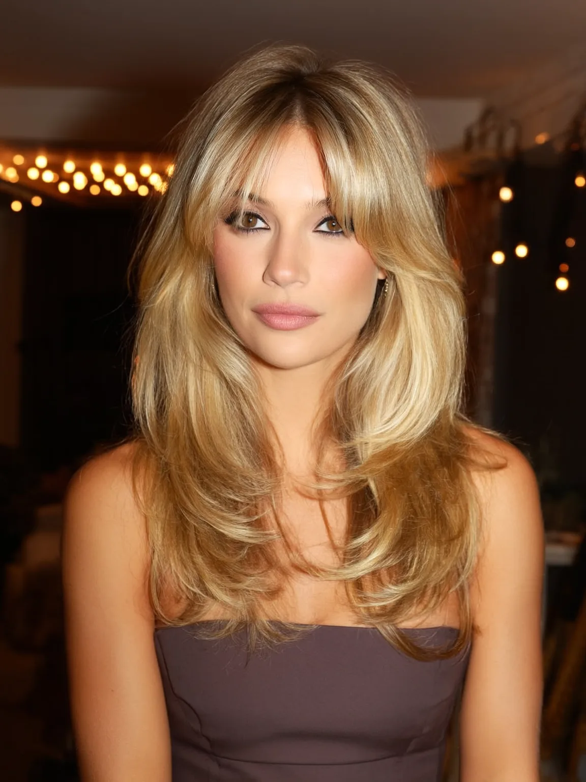 Long Voluminous Sandy Blonde Waves with Curtain Bangs